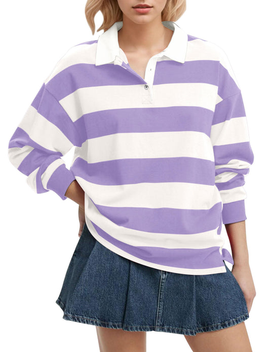 Meladyan Women’s Oversized Striped Polo Sweatshirt Long Sleeve V Neck Lapel Collared Polo Shirts 2024 Fall Fashion Clothing White-Purple